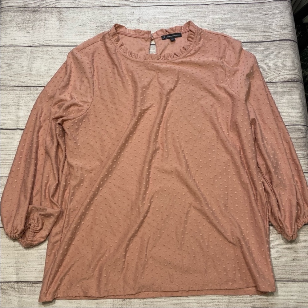 Adrianna Papell Long sleeve Top Womens Pink Polka Dot Pattern Size Large.